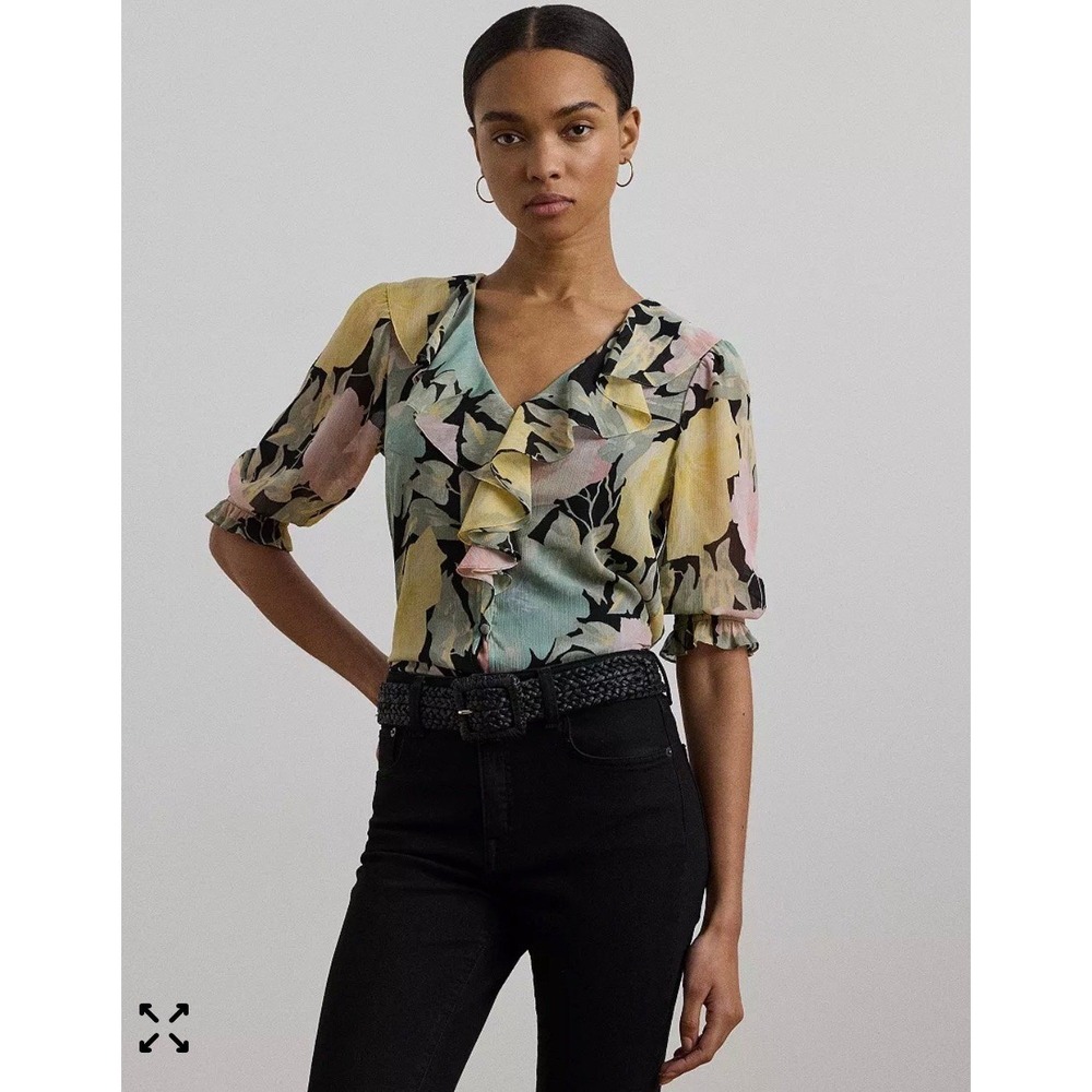 Lauren Ralph Lauren Georgette Floral Ruffle V-Neck Blouse  Small Petite